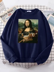 T Shirts Mona Lisa Hugging Cat Kawaii Female Hoodies Fashion Casual Hoodie Oversize Loose Sweatshirts Warm Fleece Clothing Women