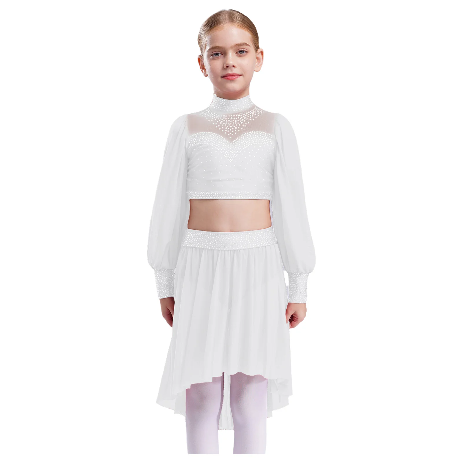 

Girls Lyrical Dance Outfit Sheer Mesh Cutout Back Crop Top+Asymmetrical Skirt Ballet Dancewear Jazz Costume Performance Costume
