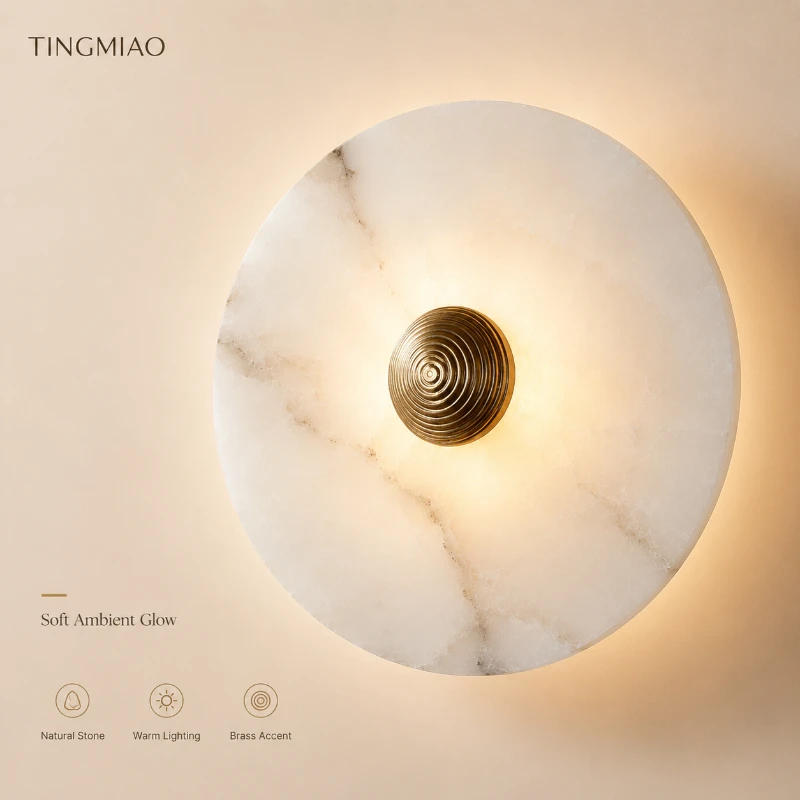 

Wall Lamp Natural Marble Round Shape Gold Metal Free Collocation Lighting for Living Room Bedroom Aisle Tv Background Sconce