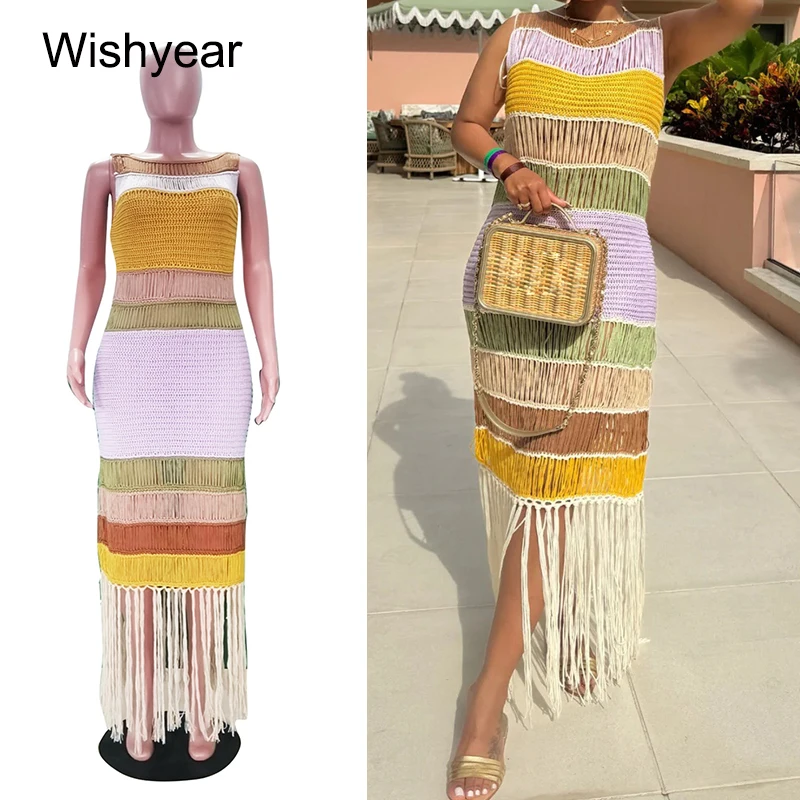 

Women's Casual Color-Block Tassel Detail Sleeveless round Neck Autumn Knitted See through Dress Beachwear for Holiday Parties