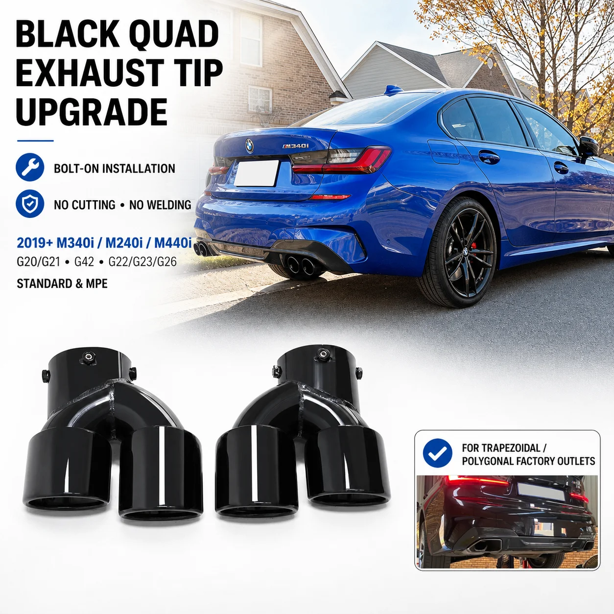 Насадка на глушитель из углеродного волокна для BMW G20 G21 M340i G22 G23 G26 M440i G42 M240i 2019-2024, стандартный и MPE выхлоп.