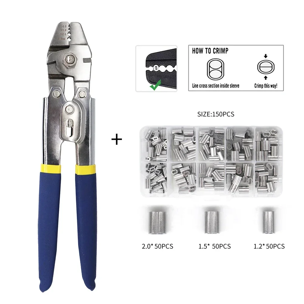 Steel With Tool Fishing Sleeves Ferrule Pliers Stainless Loop 150pcs & Crimpers Rope Crimping Kit for Wire