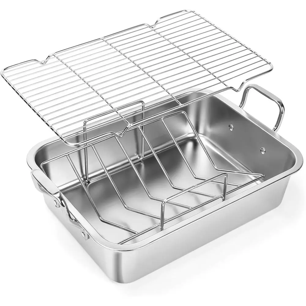 

Антипригарная форма для запекания, 15 дюймов, из нержавеющей стали, для индейки, с V-образной решеткой и решеткой для охлаждения - для обычного запекания или приготовления индейки, курицы, овощей