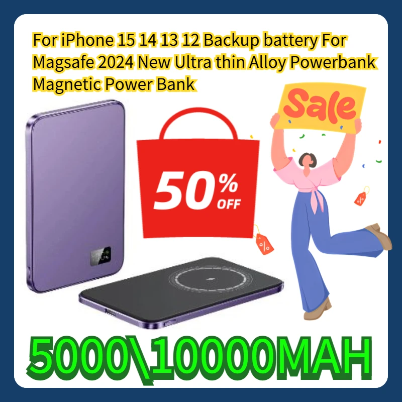 

For iPhone 15 14 13 12 Backup battery For Magsafe 2024 New Ultra thin Alloy Powerbank Magnetic Power Bank 5000\10000MAH