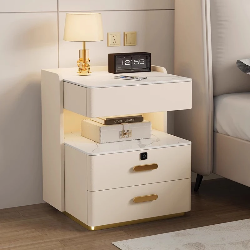 طاولة سرير ذكية مع قفل بصمة الإصبع ومحطة شحن لاسلكية وأضواء LED ومنفذ USB وخزانة تخزين ذات 3 أدراج