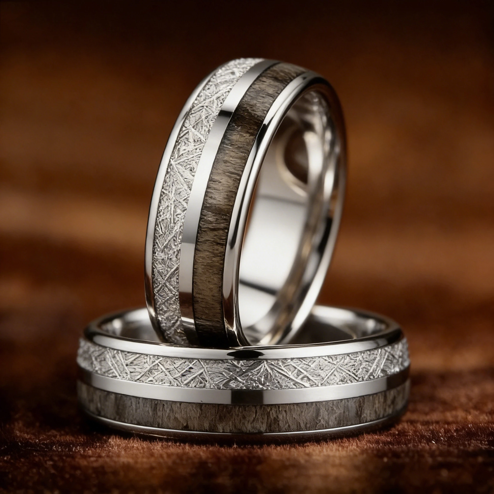 Fashion 8mm Silver Color Stainless Steel Rings for Men, Meteorite Deer Antler Inlay Dome Engagement Ring, Men Wedding Jewelry