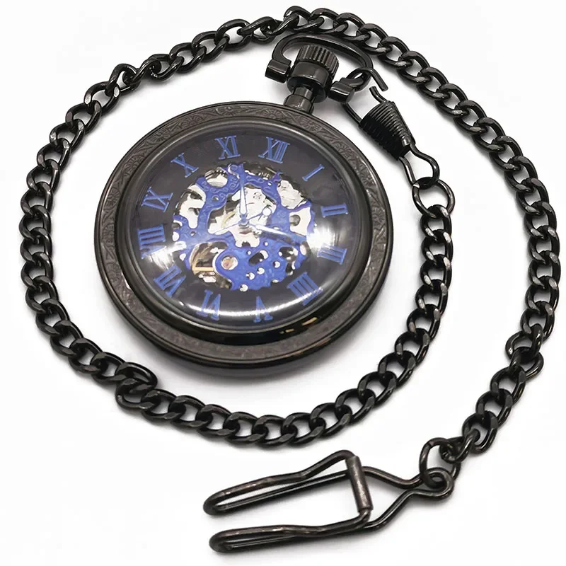 Reloj de bolsillo mecánico Vintage, colección de números romanos, negro completo, moda Steampunk, cadena colgante, Fob, 5 piezas por juego