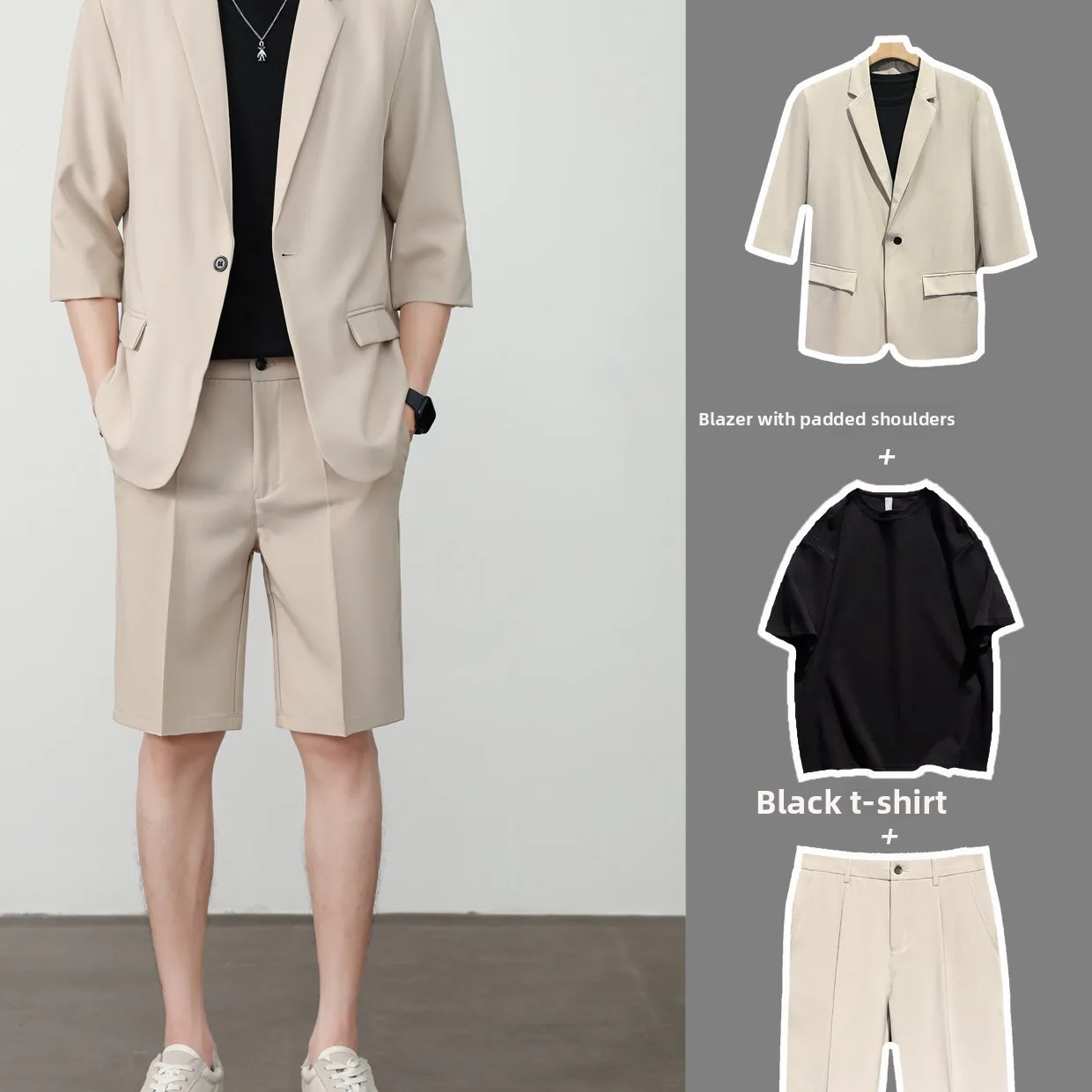 Casual Slim Fit Men's Suit Short Sleeve Seven-Foot Coat And Five-Foot Shorts Set Summer Leisure Fashion Single-Button Closure...