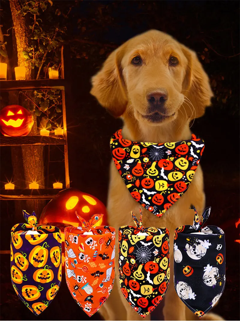 Halloween-Hundebandanas, Hundezubehör für kleine und große Hunde, Katzen, Welpen, Halstuch, Kürbis, Totenkopf, Hunde-Bandana, 1 Stück – Detail 1