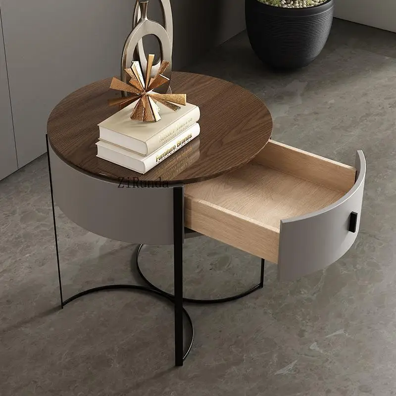 Comodino rotondo in legno massello, comodino alto portaoggetti in hardware verniciato, comodino semplice in camera da letto