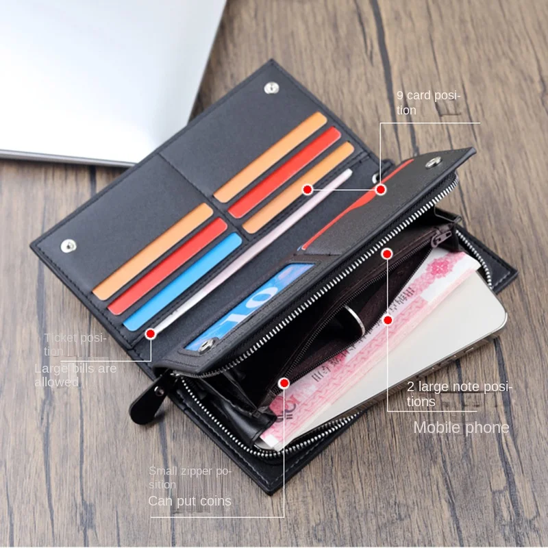 PU Leather Wallet for Men Long Hasp/zipper Black/coffee Card Holder Clutch Bag ID/photo Multifunctional Purse Cellphone Pocket