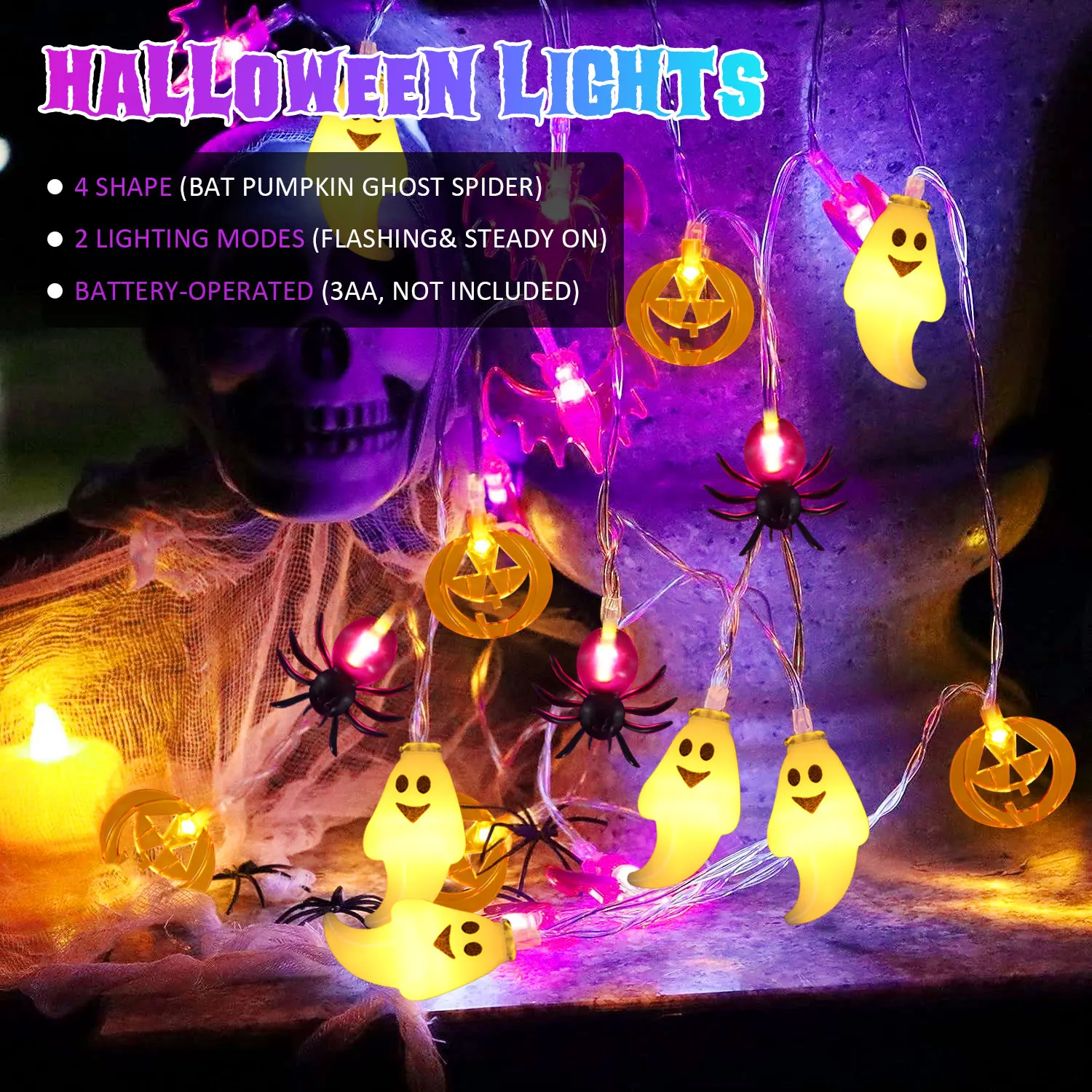 2024 Halloween Party LED String Lights Ghost Pumpkin Spider Web Decor Night Light Halloween Indoor Outdoor Decoration Props