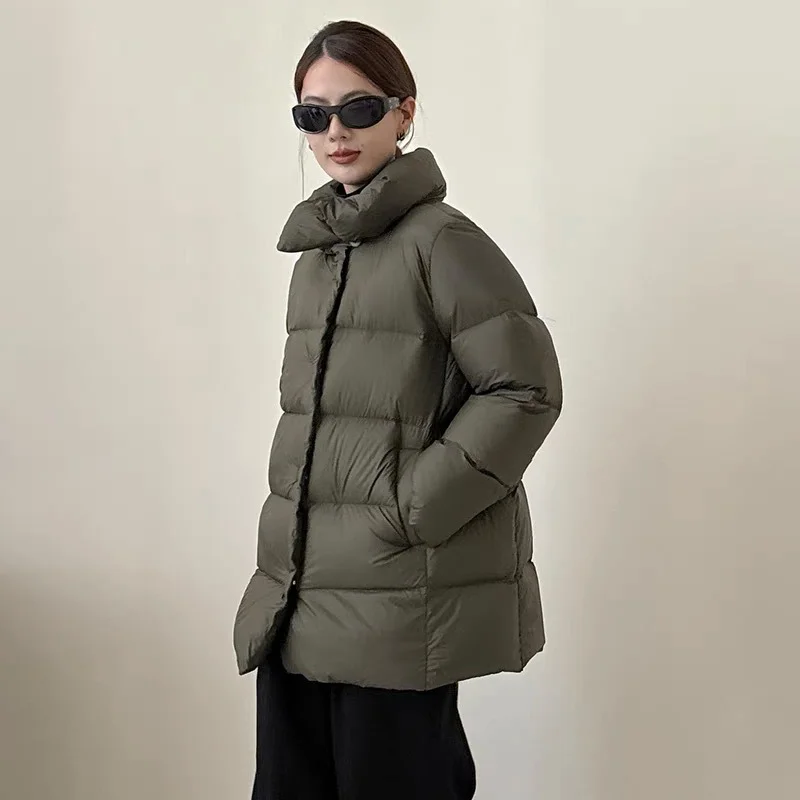 Winter Down Coats Women 2025 Retro Chinese Style Mid-length Thick Jacket 90% White Duck Tide Loose Stand-up Collar Sweet Fresh