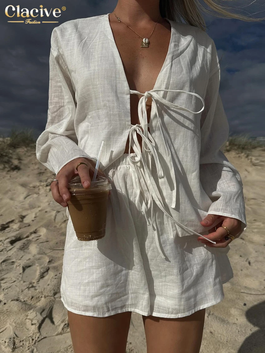 Clacive-Conjunto de 2 piezas de algodón blanco para mujer, camisa de manga larga con pantalones cortos de cintura alta, ropa de calle holgada, Sexy,