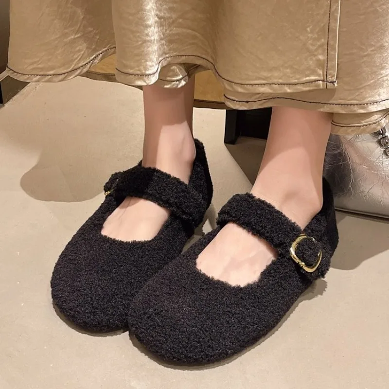 Fashion Round Toe Ballet Flats Boots for Woman Keep Warm Plush Loafers Ladies Brand Design Fluffy Mary Jane Shoes Botas Mujer