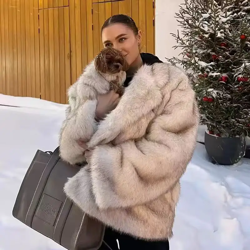 Winter übergroßes, lockeres, lässiges, weiches, verdicktes, warmes und umweltfreundliches Nachahmung von Fuchspelz für Damen mittellanges Reversfell