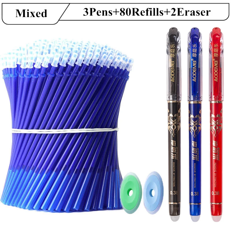 

85Pcs/Set Erasable Gel Pen Set 3 Pens 80 Refills 2 Eraser 0.38mm Blue Black Red Ink Student Writing Stationery for School Office