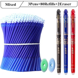 Conjunto de canetas em gel apagável, Papelaria para escola e escritório, tinta azul preta e vermelha, 80 recargas, 2 borracha, 0,38mm, 85 peças por conjunto