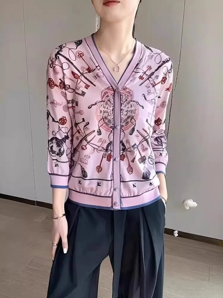 

Slimming V-Ne Long Sve Satin Print Open Cardigan Faionable Color Blo Design Single Button Autumn Outerwear