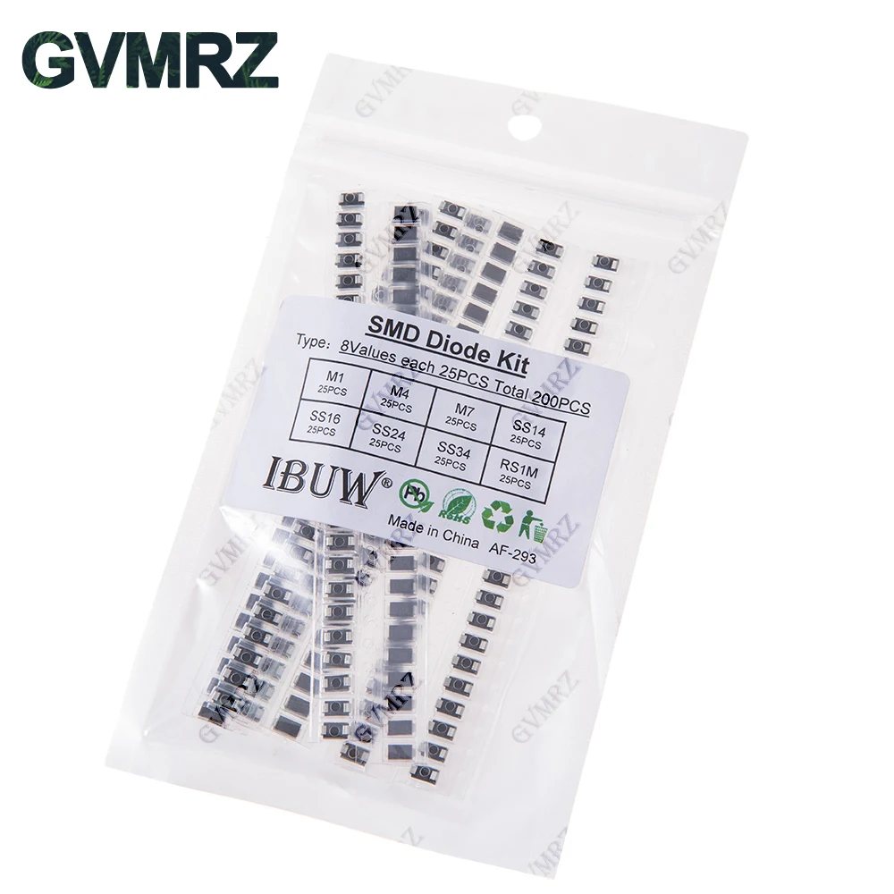 200PCS 8Values SMD Diode Kit M1 M4 M7 SS14 SS16 SS24 SS34 RS1M for Electronic Rectification Projects