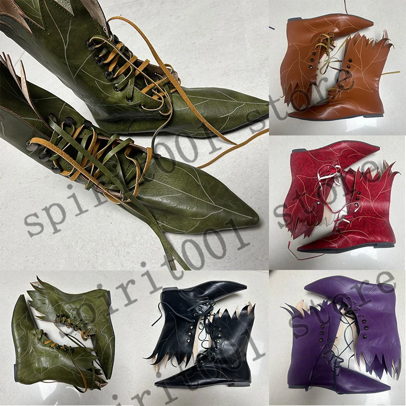 女性用妖精コスプレレトロエルフシューズフェイクレザーポルネ中世コスチューム小道具ゴシックエルフ魔女ブーツツリースピリットリーフブーツ