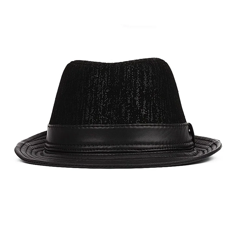 Vintage Genuine Leather Fedora Hat for Men British Gentleman Jazz Short Brim Cap Leather Belt Decor Fall Winter Party Hat