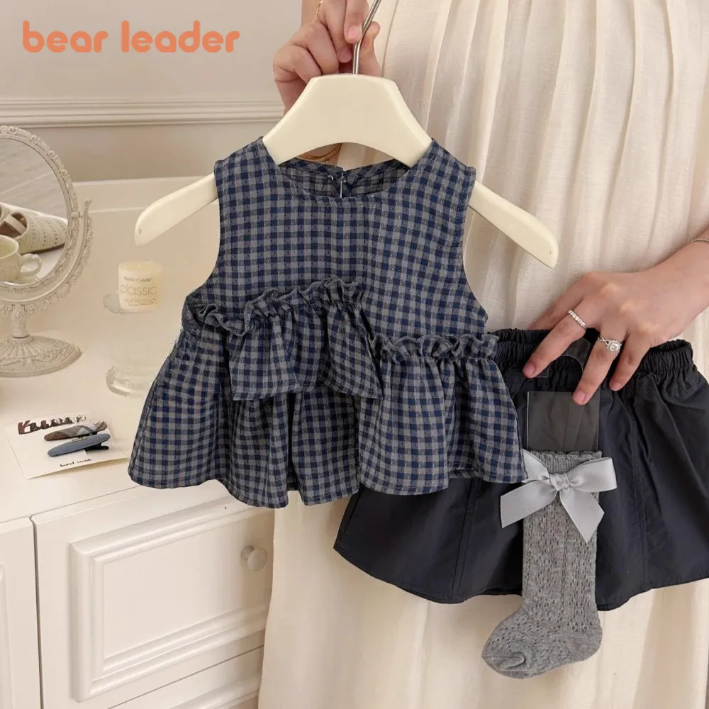 

Bear Leader Summer Kids Clothes Girls Ruffle Checkered Print Sleeveless T-shirt + Shorts Two-piece Set Casual Blue Girl Outfits