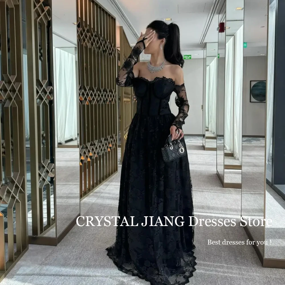 Classic Long Black Prom Dresses Off the Shoulder Lace Full Sleeves A Line Floor Length Vestido Formatura