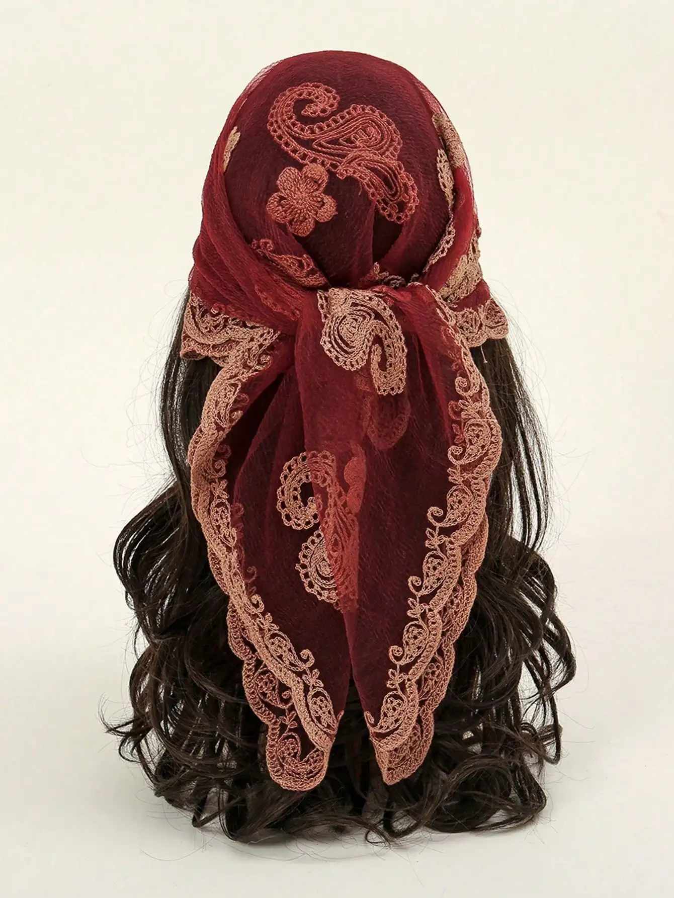 

1pc Women's Lightweight Lace-Trimmed Solid Cashew Embroidered Square Scarf, Breathable, Versatile, Fashion Headscarf For Spring And Autumn For Dress