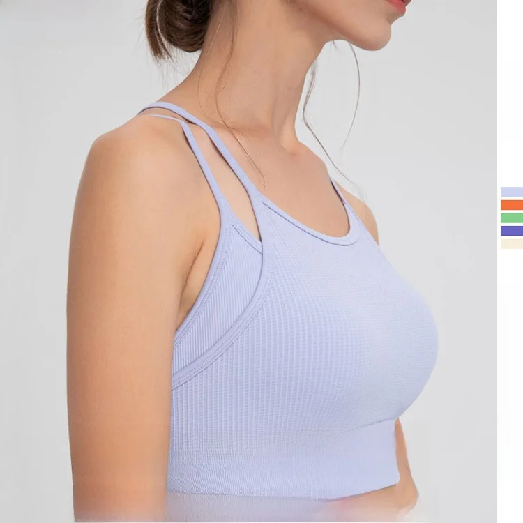 

Women's Thin Shoulder Strap Sports Bra Vest Shockproof Beauty Back Fake Two-Piece Yoga Workout Running Underwear