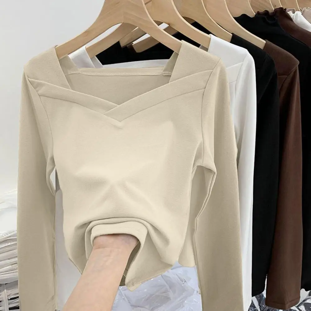 

Women Bottoming Blouse Square Collar Long Sleeves Pullover Slim Fit Keep Warm Winter Square Collar Basic Top Women Base Tops