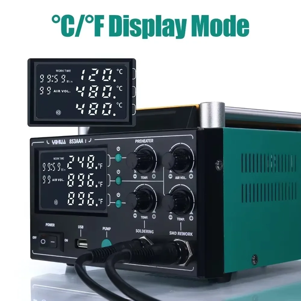 

853AAA-I Basic Version 3 in 1 Digital SMD Soldering Desoldering Hot air Gun Preheat BGA Rework Soldering Station YIHUA