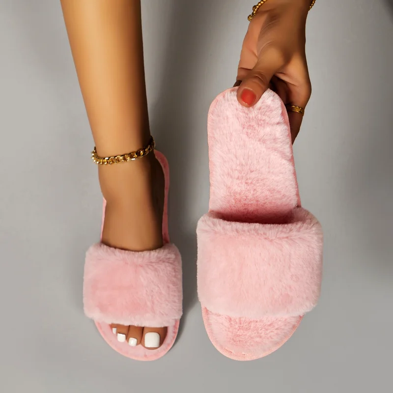 Fur Women Slippers Winter New Fashion Plush Shallow Mouth Indoor Outdoor Flip-flop Casual Bedroom Solid Color Slides Flat Shoes