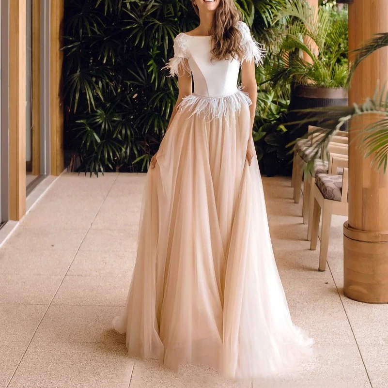 

New In Champagne A-line Boat Neck Simple Backless Short Sleeve Lace Beading Feathers Engagement Birthday Evening Gown Sexy Dress