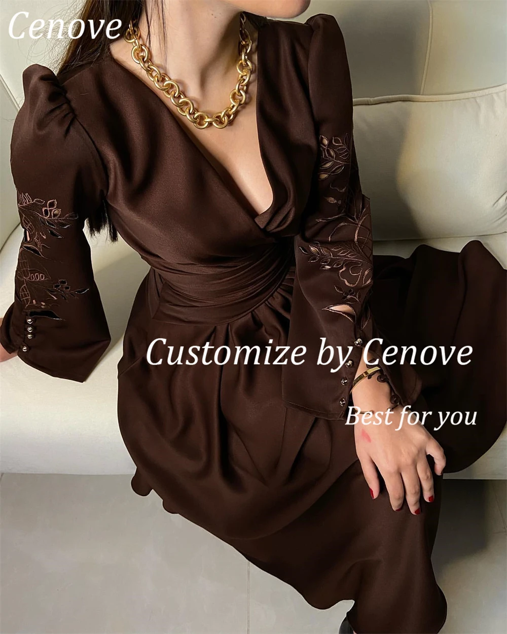 Cenove Long Sleeves A-Line Evening Gown Formal Princess V-Neck Embroidery Prom Russet Brown New Party Dresses for Women 2023