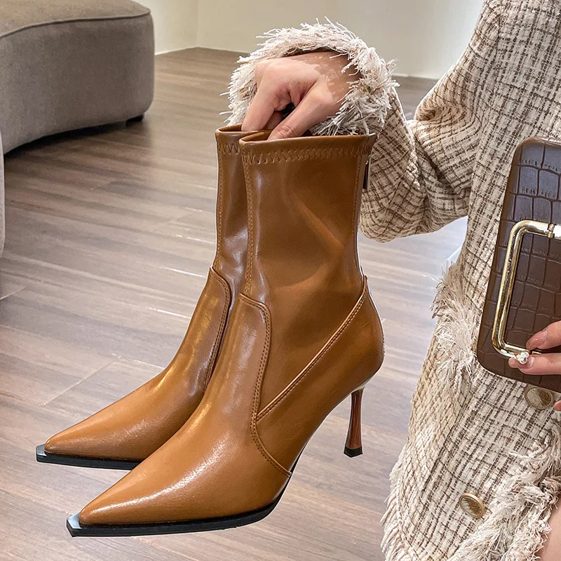 

Женские ботильоны для похудения на высоком каблуке, модные осенние женские элегантные современные короткие ботильоны с острым носком
