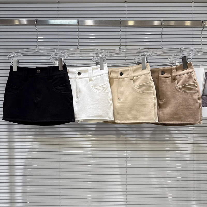 Spring Autumn Fashion Metal Single Buckle Zipper Skirt Female High Waist with Lining Slim Mini Hip Hugging Skirt for Women