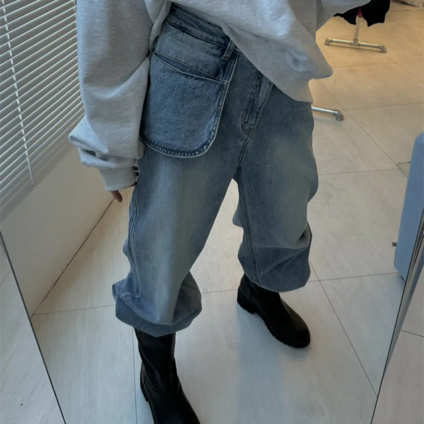 Calça jeans fena retrô da, cintura alta, perna reta, calças cridas, design de botão assimétrico, borda desfiada