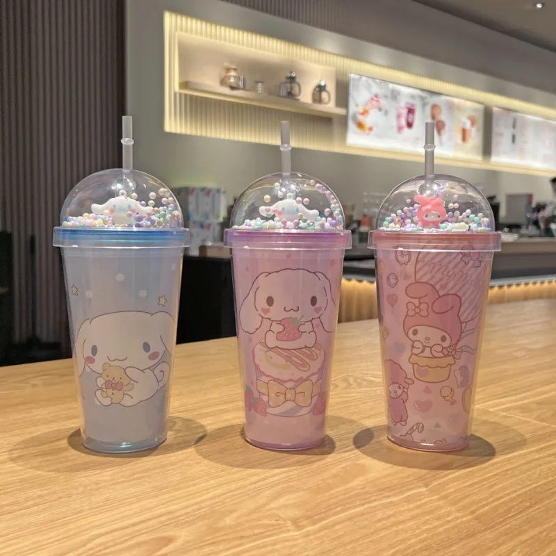 

New Kawaii Cinnamorolls 450ml Creative Cute Kuromis Cartoon High Appearance Double Layered Drinking Straw Cup for Children Gift