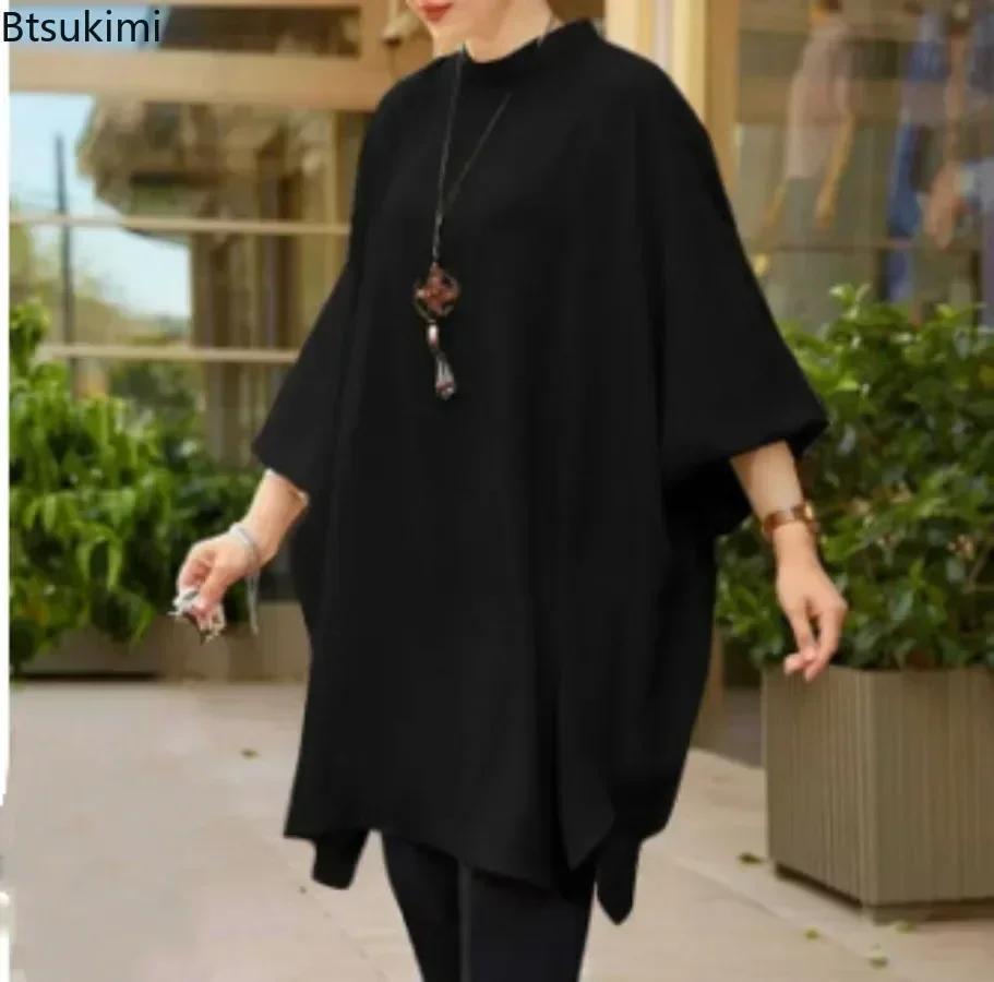 2025 Women's Muslim Blouses Elegant Solid Loose Casual O-neck Lantern Sleeve Pullover Tunic Tops Ramadan Abayas Blusas Mujer New