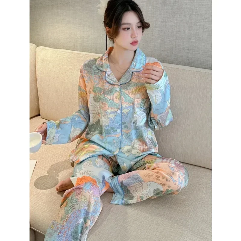 Colorful Jungle Pajama Satin Silk Spring Autumn Long Sleeves Long Pants Young Girl Thin Homewear Casual Set Loose Sleepwear