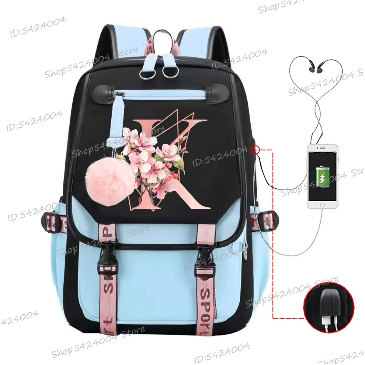 Hot Selling 26 Initials Pink Sakura School Bags for Girls Gift for Sakura Lover High Quality Backpack 26 Alphabet Outdoor Bags