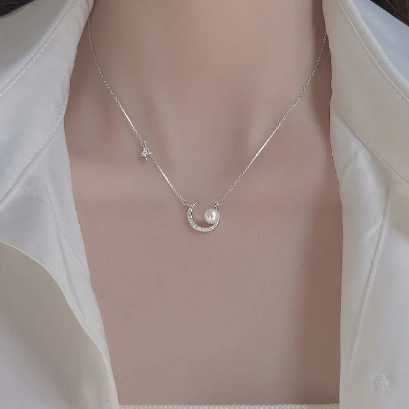 Christmas 925 Sterling Silver Moon Necklace With Sweet And Exquisite Temperament Pearl Collarbone Chain Jewelry Gift Wholesale