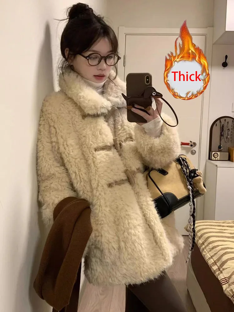 

Женское винтажное милое пальто из искусственного ягненка, зимняя толстая милая куртка с длинными рукавами, корейская повседневная теплая куртка в консервативном стиле, верхняя одежда высокого качества