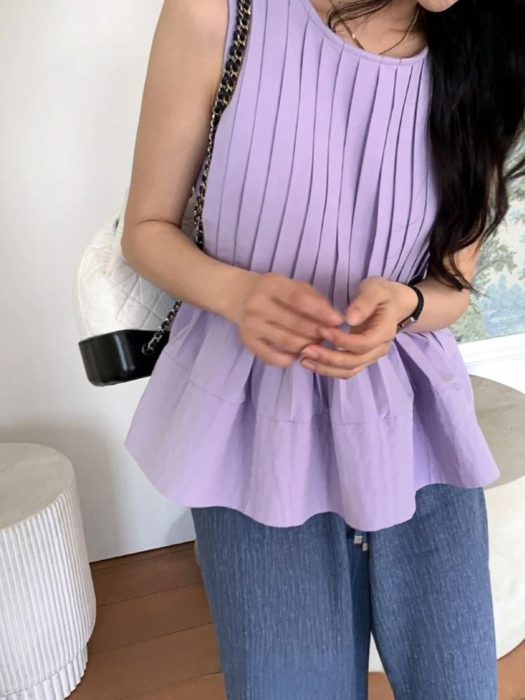 

Women's Strap Vest Summer Outdoor Wear Chic Heavyweight Pleated Design Faionable round Ne Waist-Increasing Doll Top