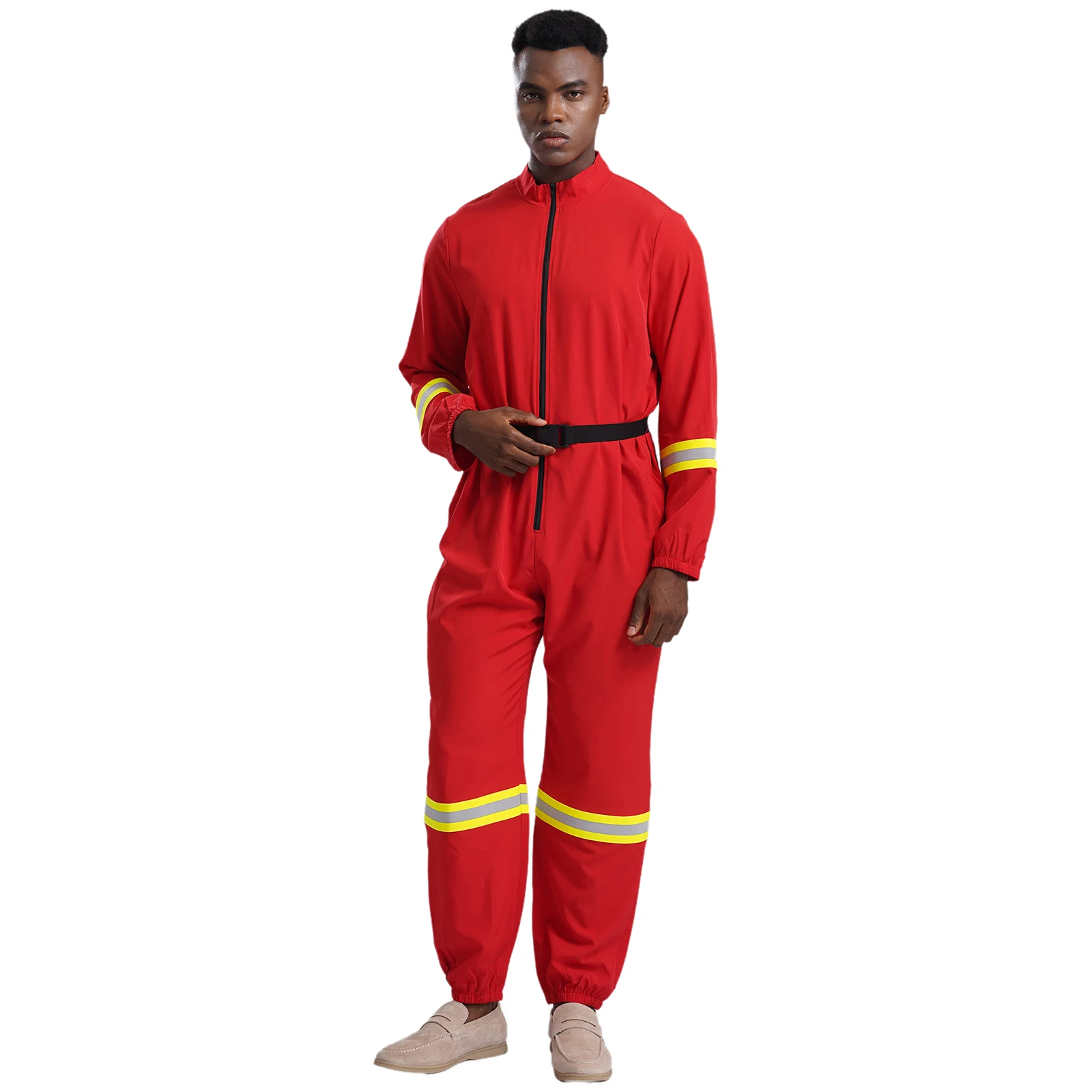 Men Halloween Theme Party Firefighter Fireman Cosplay Romper with Belt Long Sleeve Jumpsuit Front Zipper Bodysuit