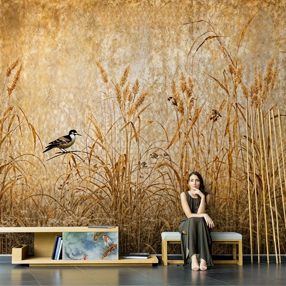 Vintage Gold Wheat Field Wall Mural Autumn Reed Grass Bird Wallpaper Living Room Bedroom TV Background Wall Decor 3d wallpaper