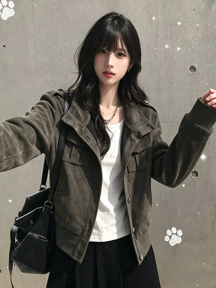 American Vintage Multi Pocket Design Jacket Women Y2K Retro Hot Girl Slim Coat Autmun Stree Fashion Long Sleeve Outwear New