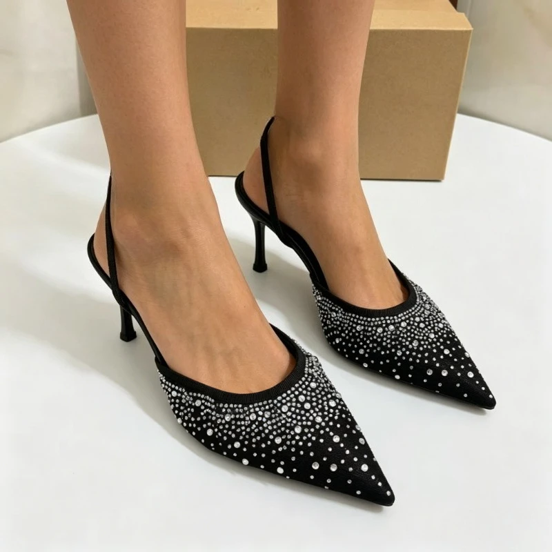 

Glitter High Heels Women Party Wedding Shoes Rhinestones Mesh Pointed Toe Back Strap Slingbacks 2026 Summer Lady Modern Sandals