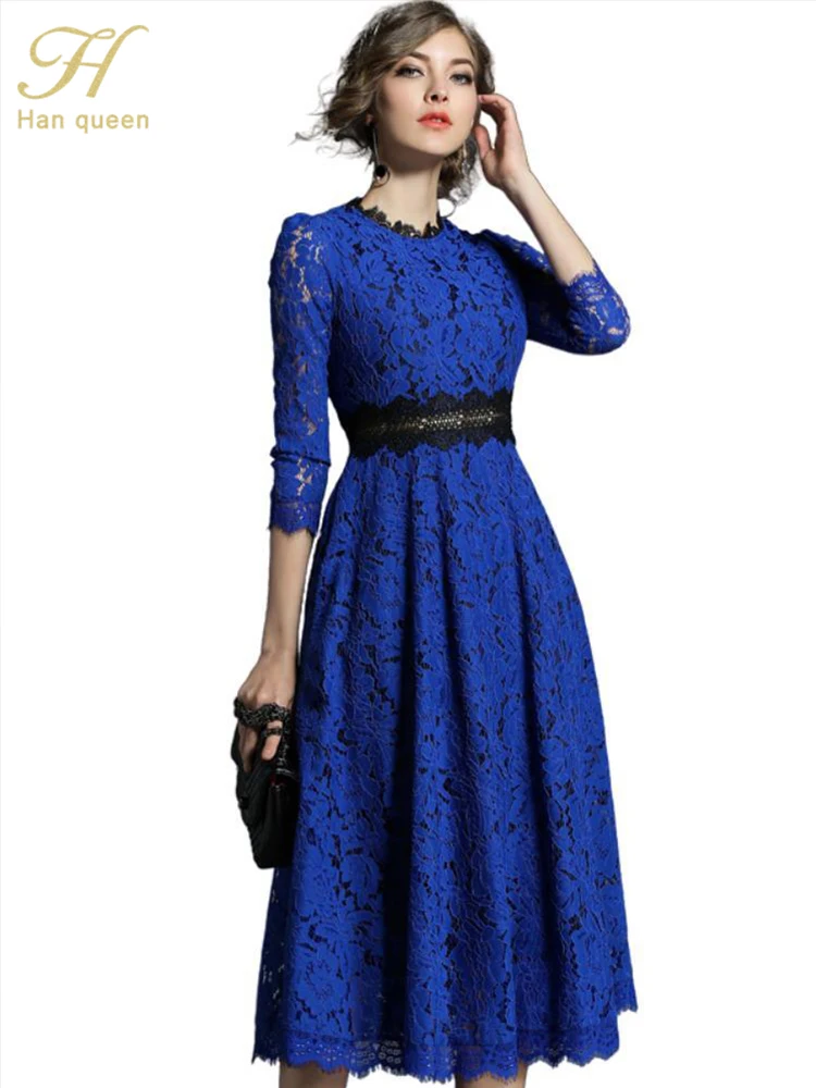 H han queen 2018 Spring New Women\'s Lace Dresses Floral Crochet Hollow Out Vestido Patchwork Casual Slim Office Party Long Dress